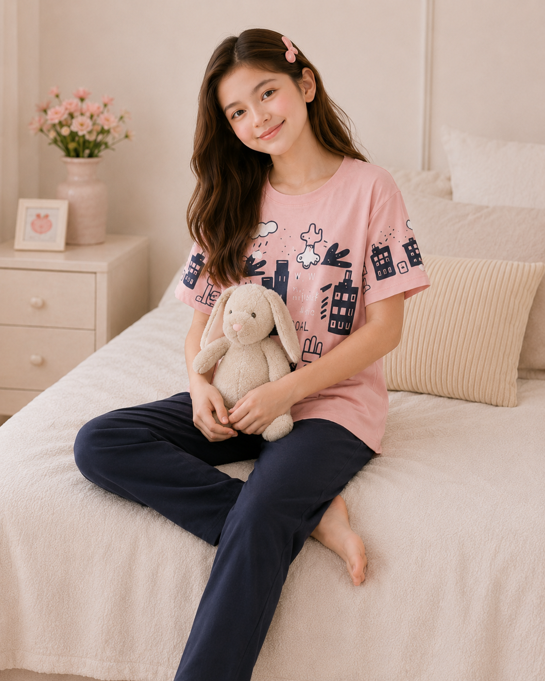Pink Planet Printed Pink T-shirt and Black  pajama