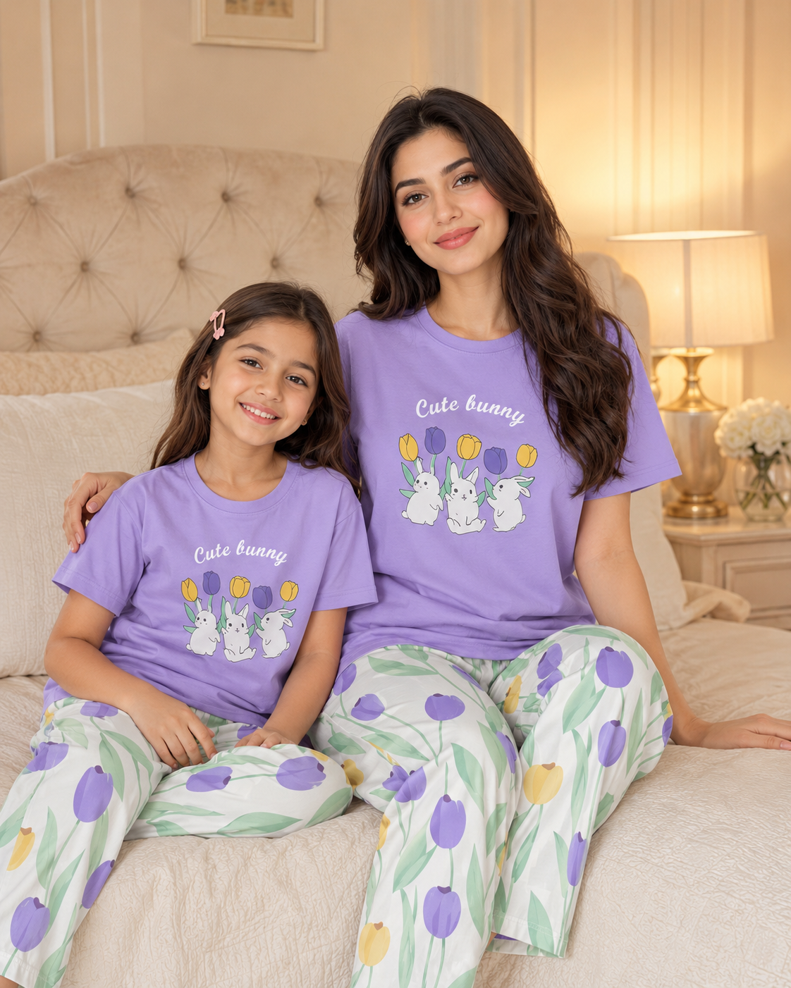 Mom and daughter matching purple rabbit cotton night suit front view