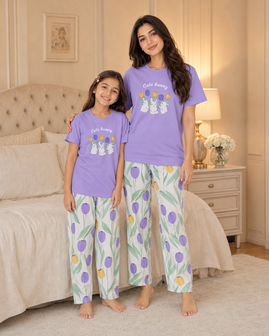 Purple rabbit matching night suit fabric and print detail