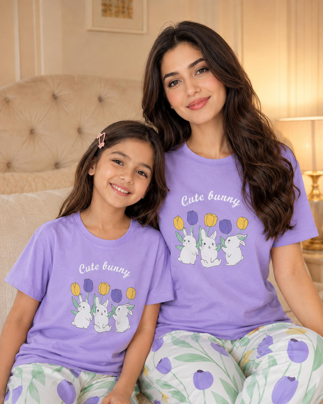 Mom daughter matching cotton nightwear purple rabbit design