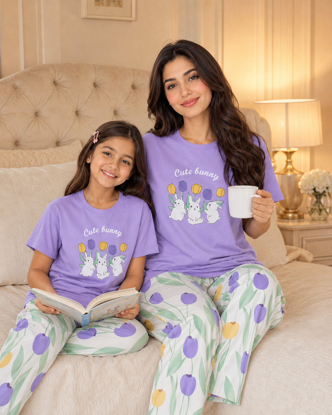 Matching purple rabbit night suit for women and girls
