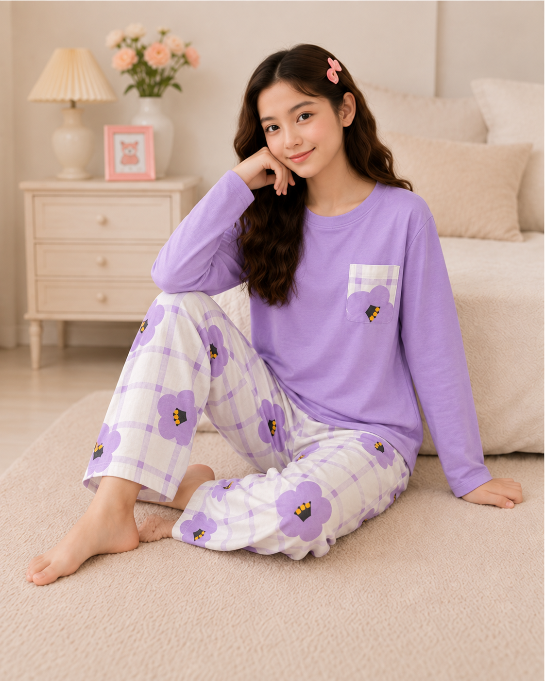 Purple Flower Pocket Full Sleeve Night Suit for Girls