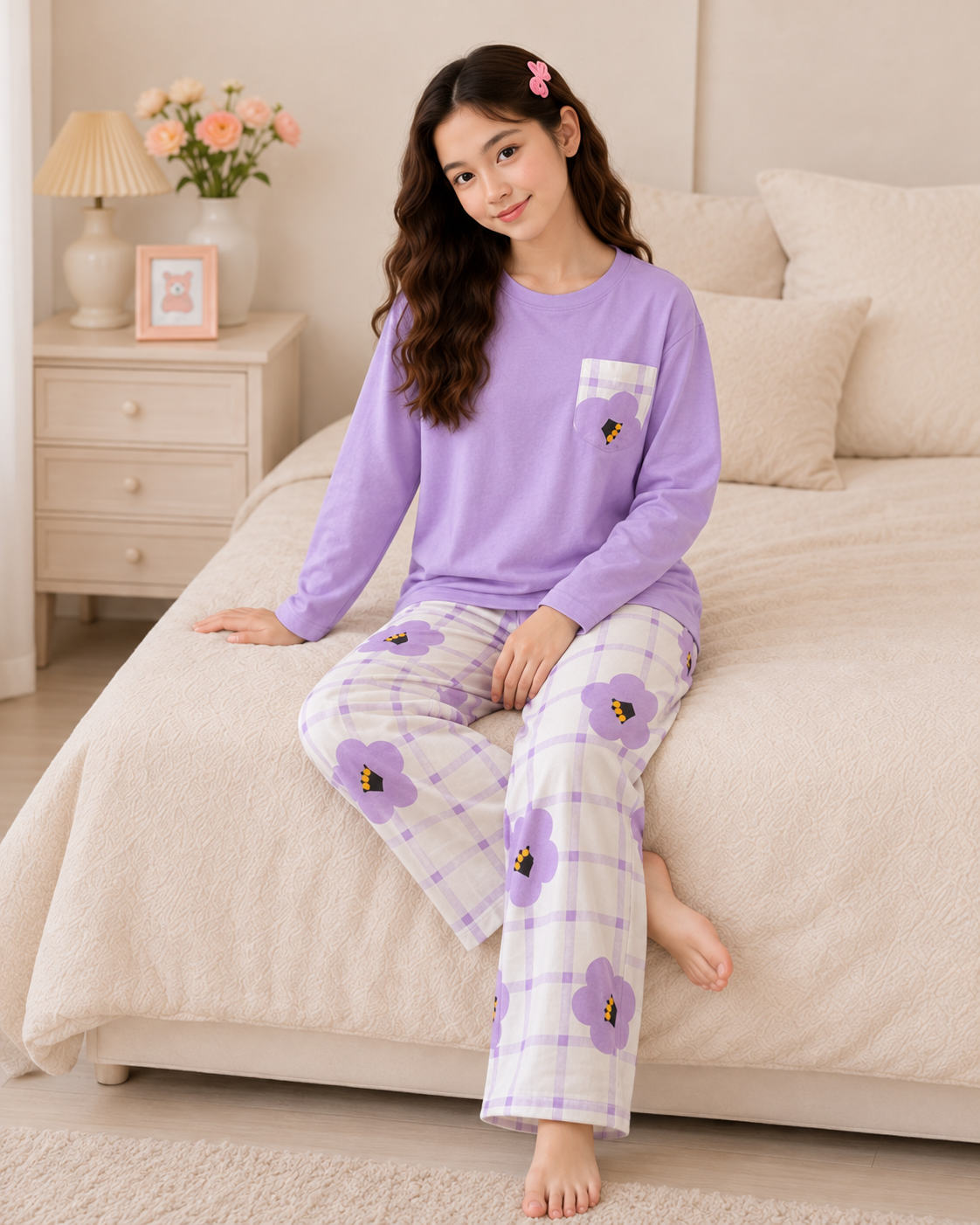 Purple Flower Pocket Full Sleeve Night Suit for Girls