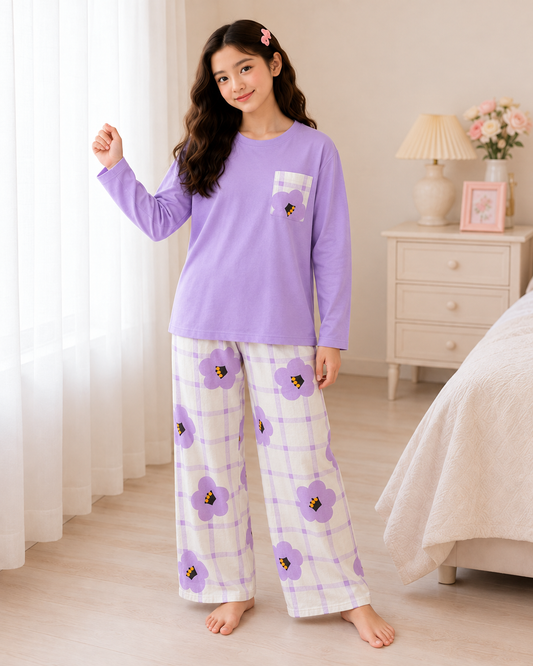 Purple Flower Pocket Full Sleeve Night Suit for Girls