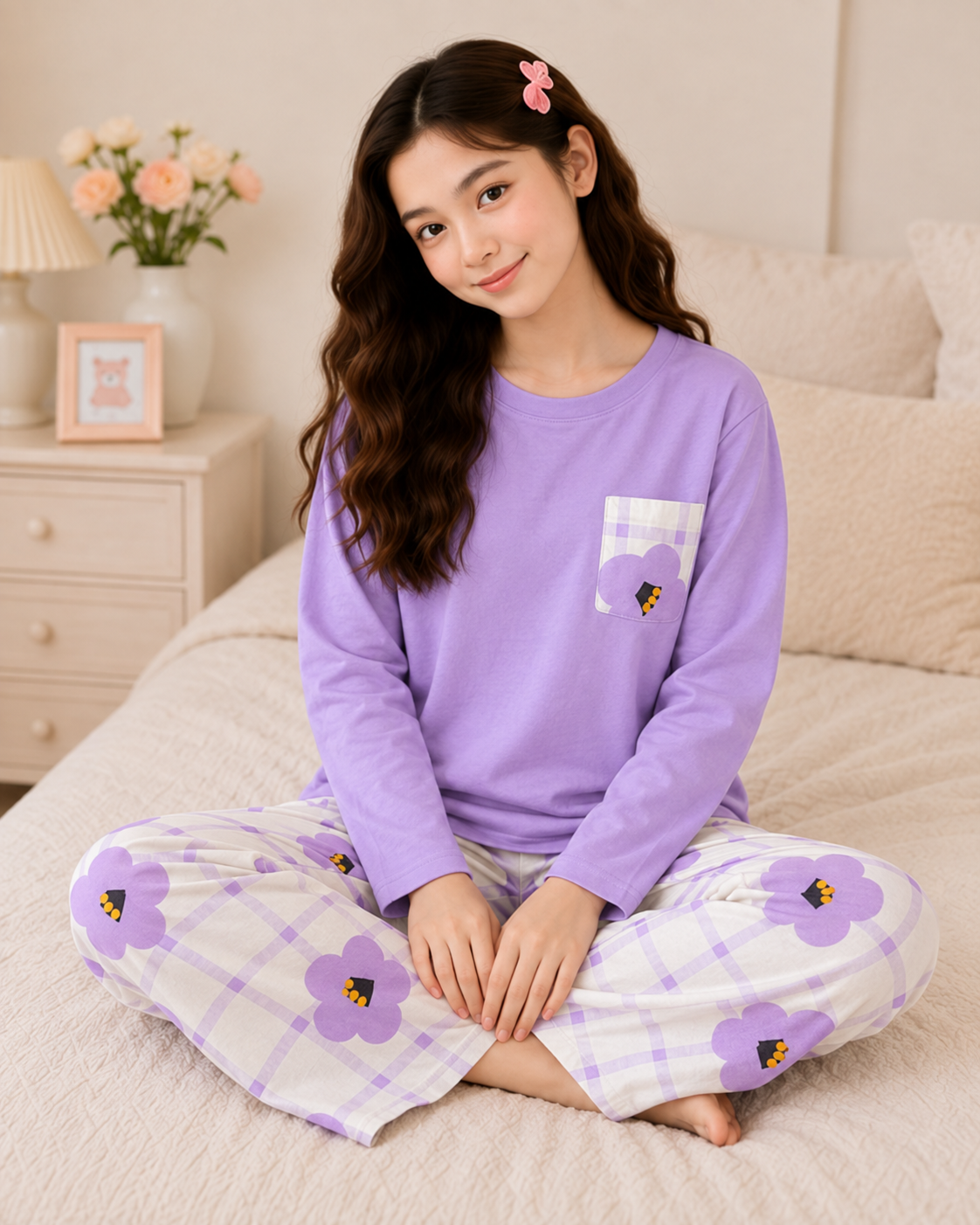 Purple Flower Pocket Full Sleeve Night Suit for Girls