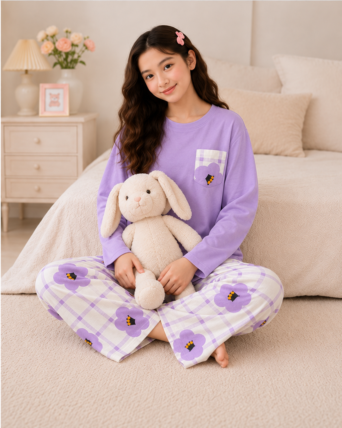 Purple Flower Pocket Full Sleeve Night Suit for Girls