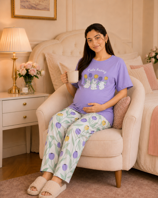 Purple Rabbit Maternity Cotton Night Suit