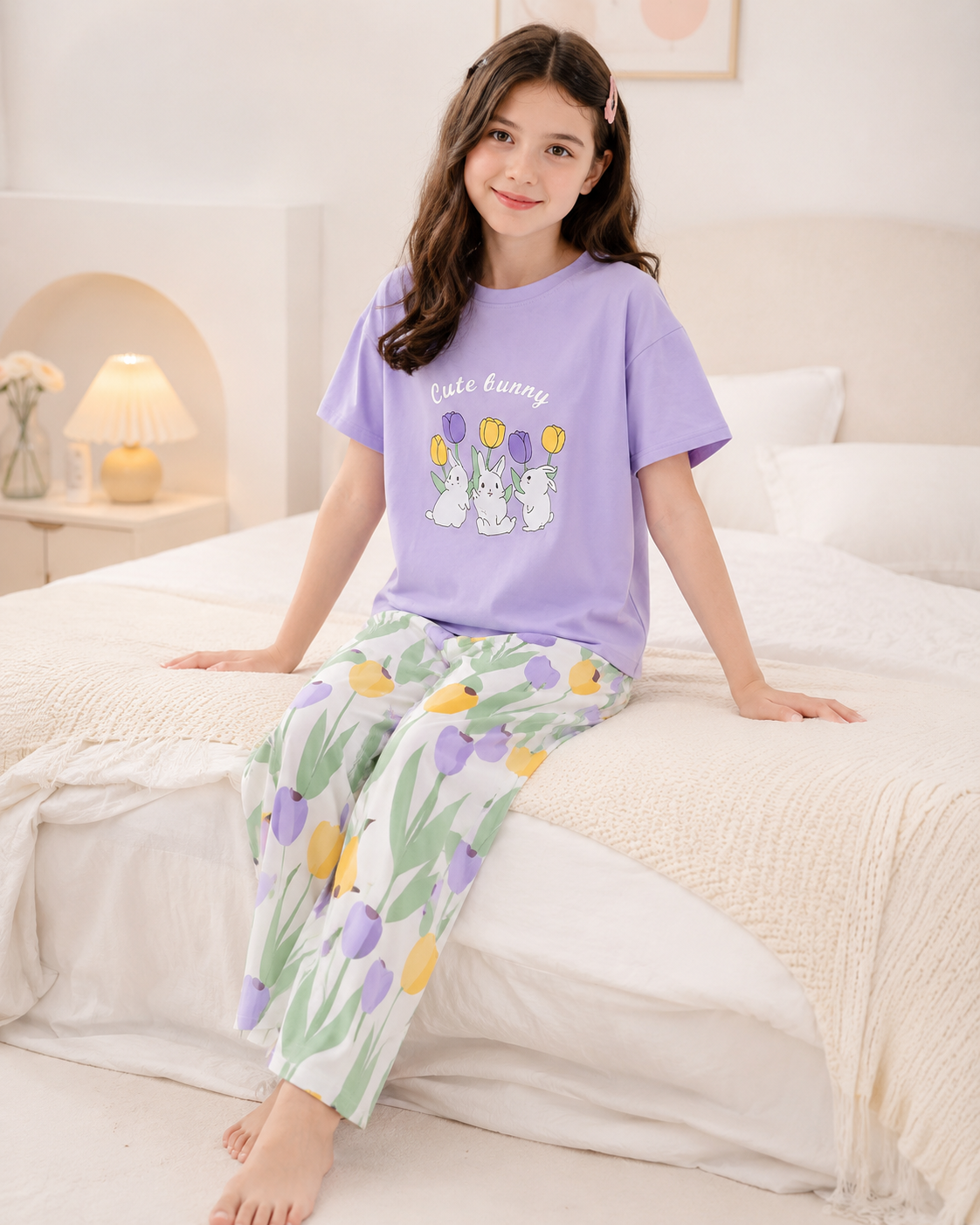 Purple Rabbit printed night suit for girls