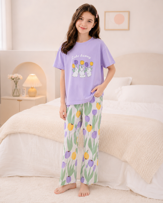 Purple Rabbit printed night suit for girls