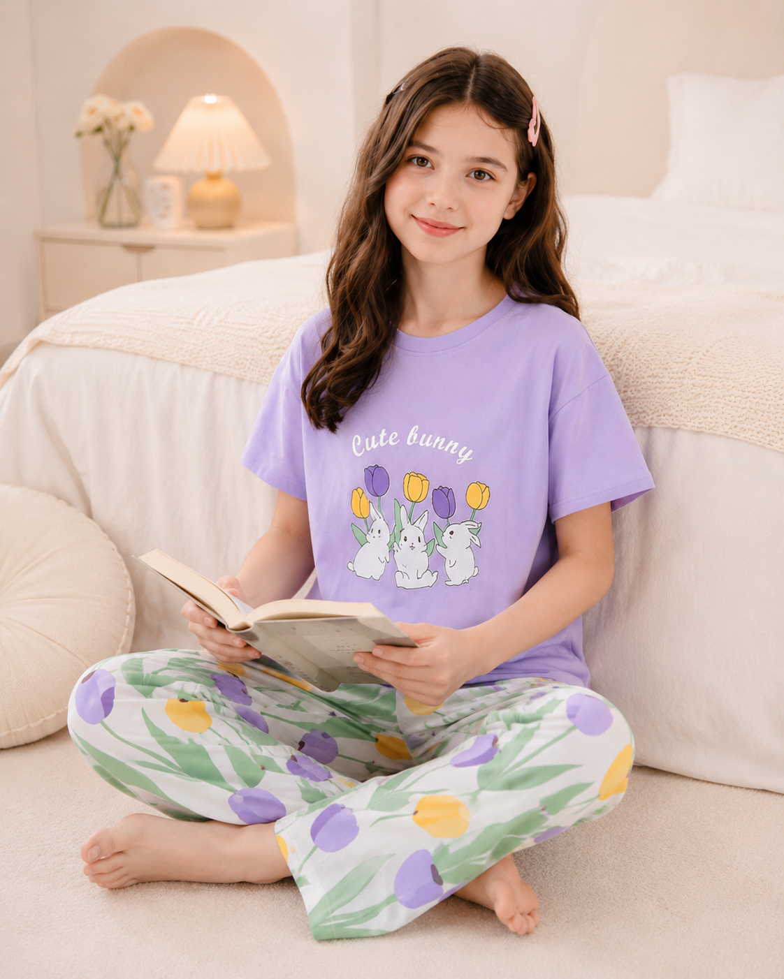 Purple Rabbit printed night suit for girls
