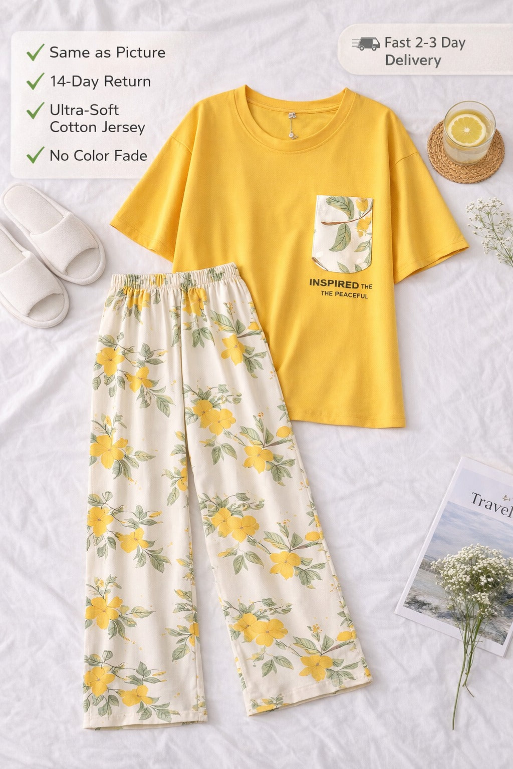 Yellow leaf with pocket Printed Night Suit