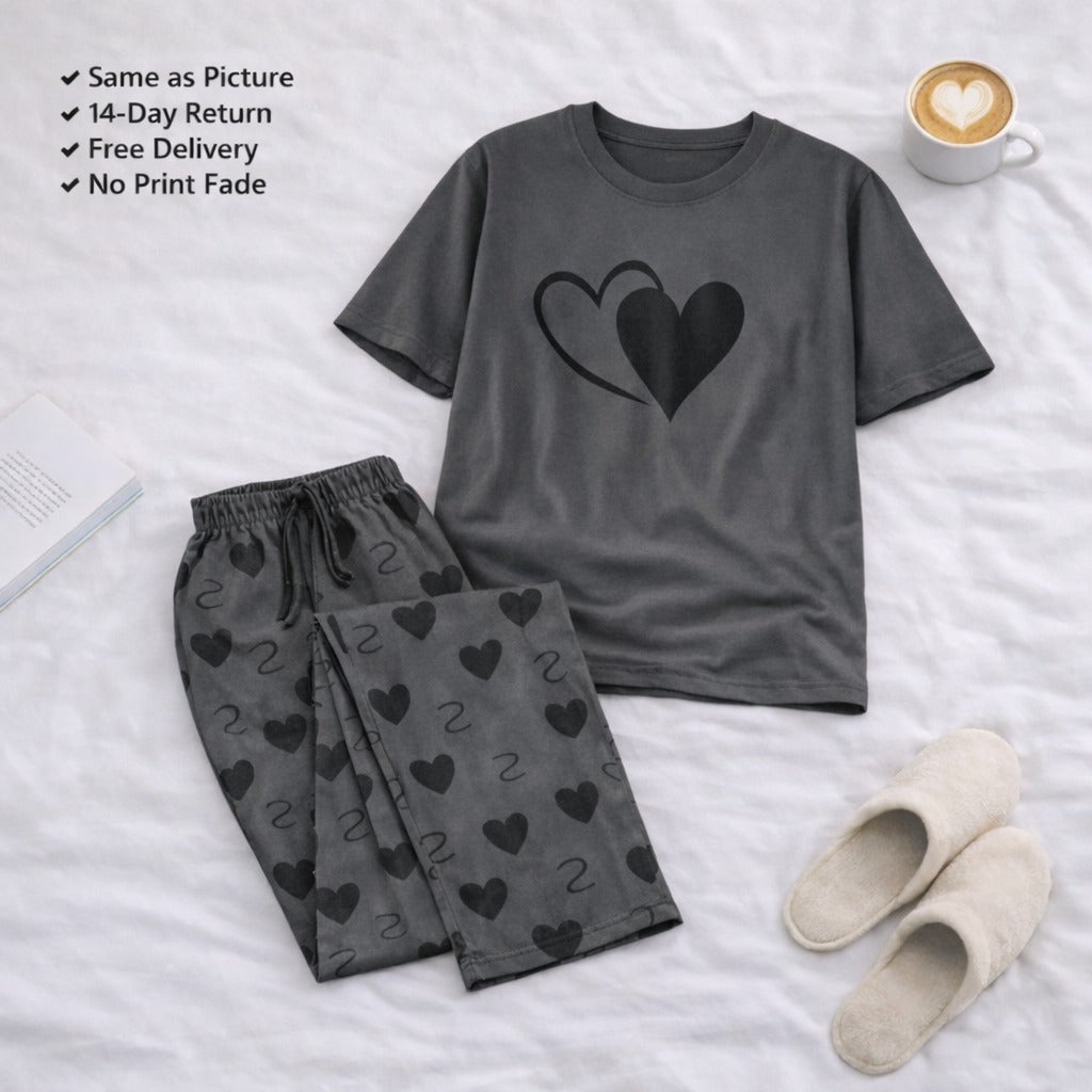 Grey Heart Printed Night Suit