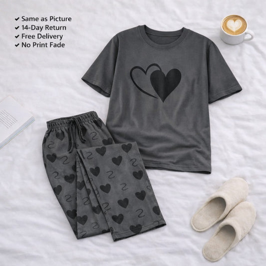 Grey Heart Printed Night Suit
