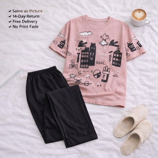 Pink Planet Printed Night Suit