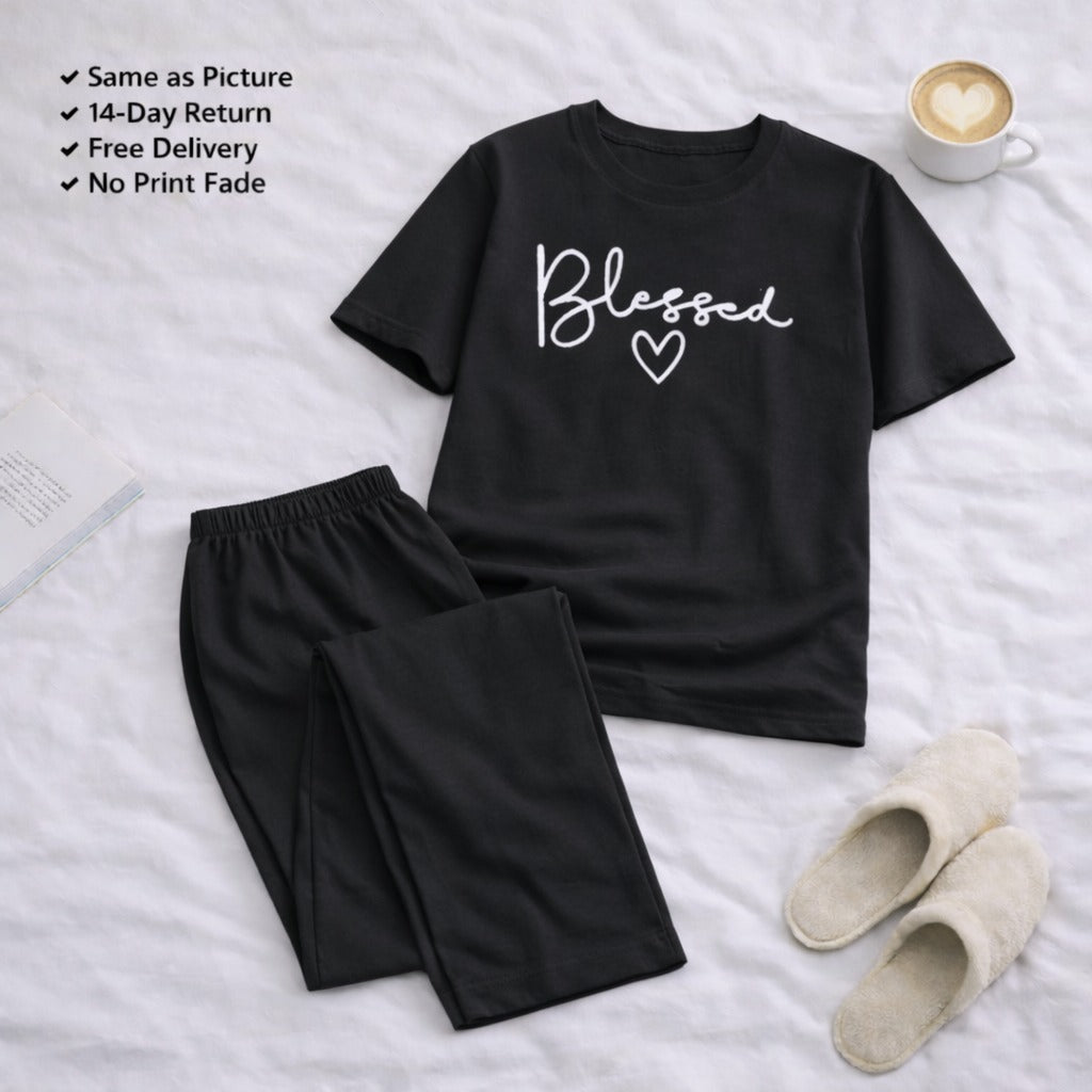 Blessed Black  T-shirt and Black Pajama Printed Night Suit