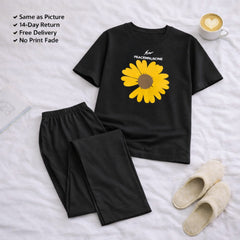 Yellow Sunflower Black  T-shirt and Black Pajama Printed Night Suit