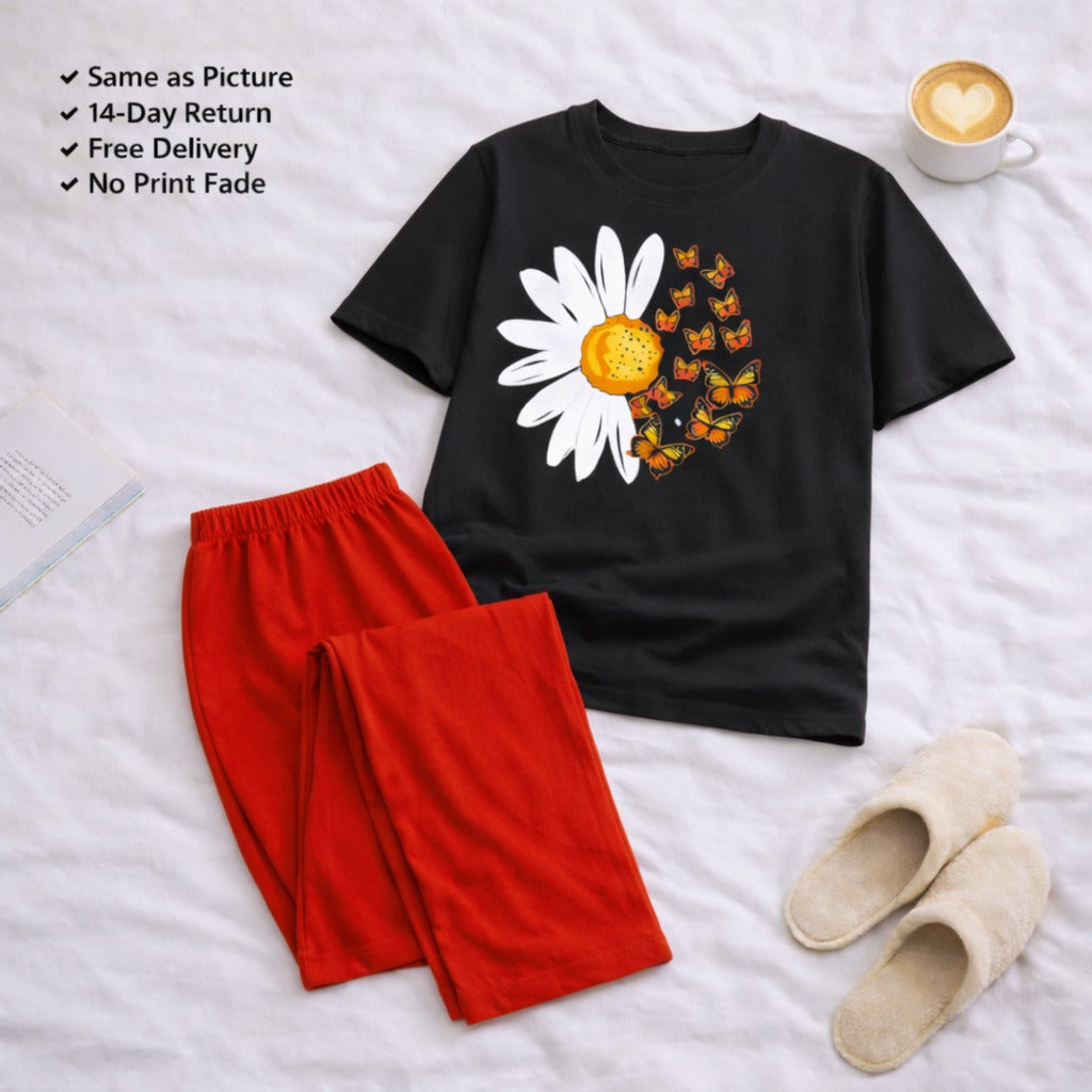 Red Sunflower Black  T-shirt and Red Pajama Printed Night Suit