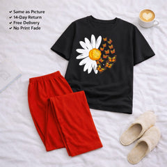 Red Sunflower Black  T-shirt and Red Pajama Printed Night Suit