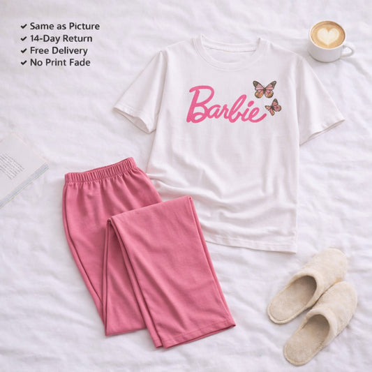 Barbie White T-shirt and Pink Pajama Printed Night Suit