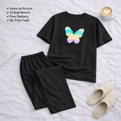 New Butterfly Black T-shirt and Black Pajama Printed Night Suit