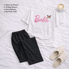 Barbie White T-shirt and Black Pajama Printed Night Suit