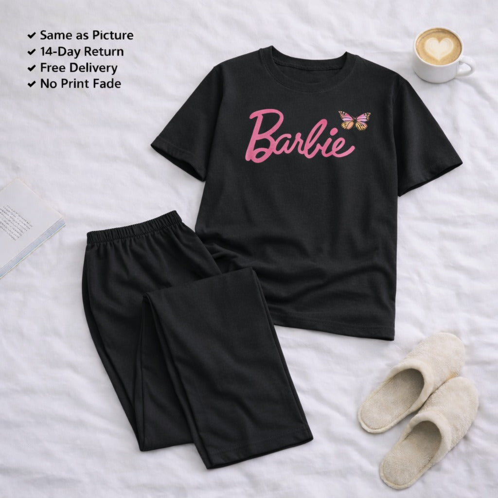 Barbie Black t-shirt and Black Pajama Printed Night Suit