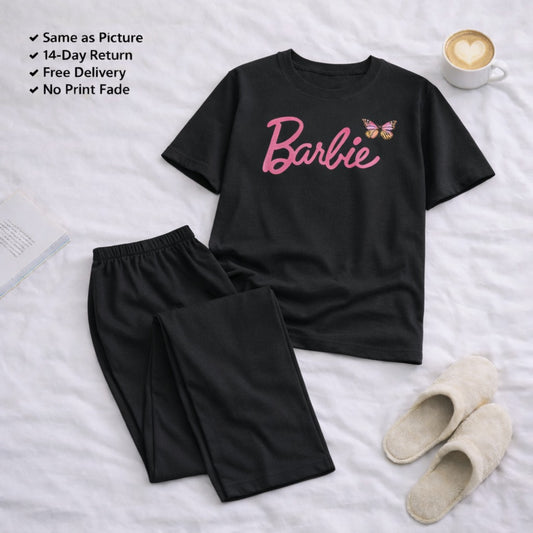 Barbie Black t-shirt and Black Pajama Printed Night Suit