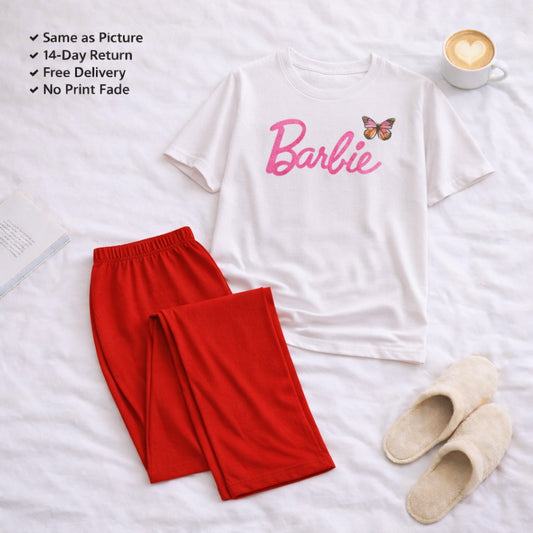Barbie White T-shirt and Red Pajama Printed Night Suit