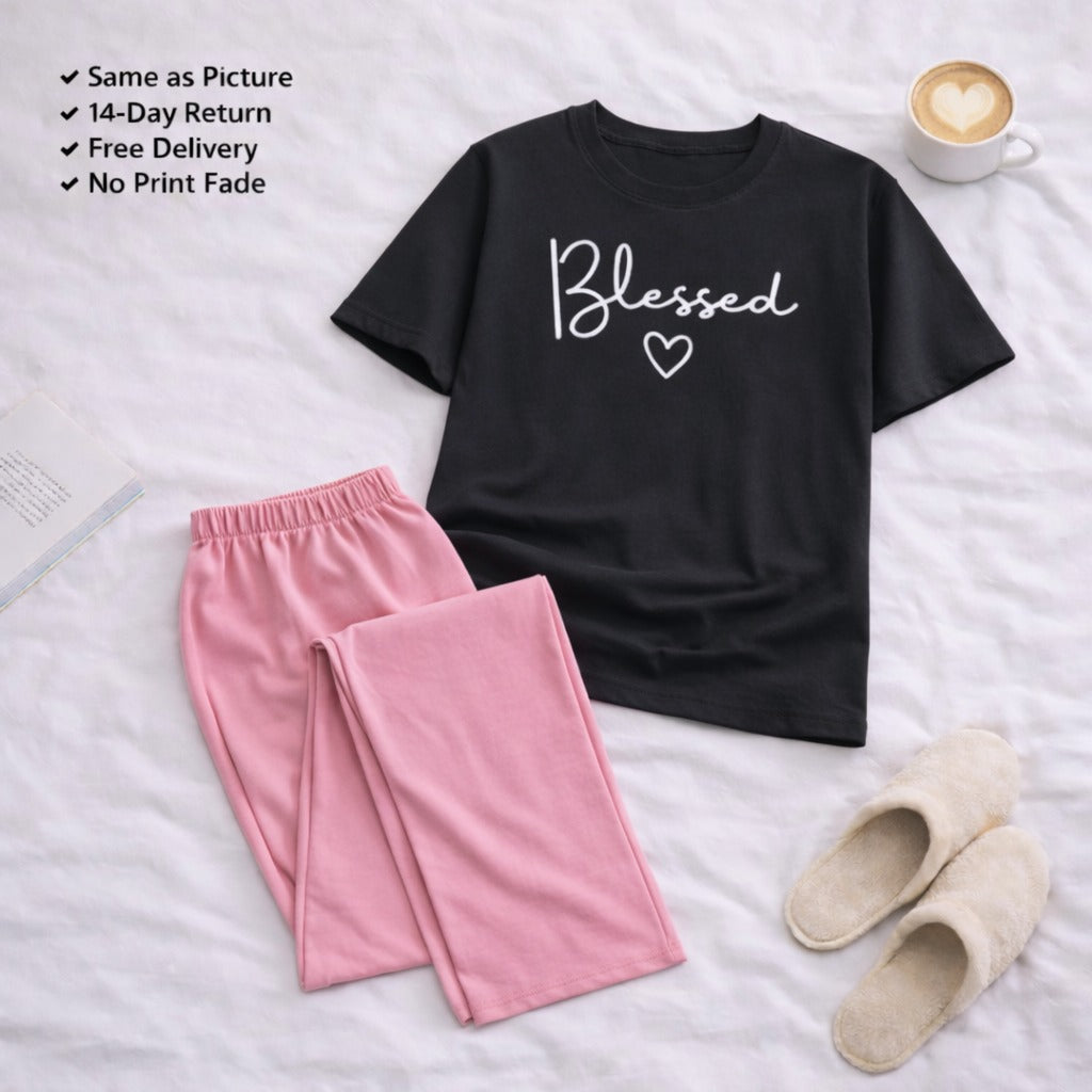 Blessed  Black t-shirt and Pink Pajama Printed Night Suit