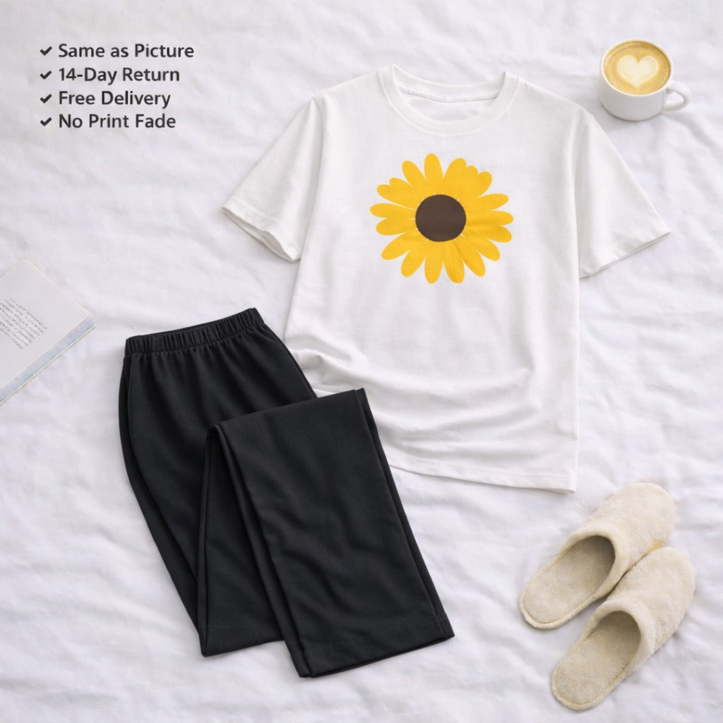 Yellow Sunflower  White T-shirt and Black Pajama Printed Night Suit