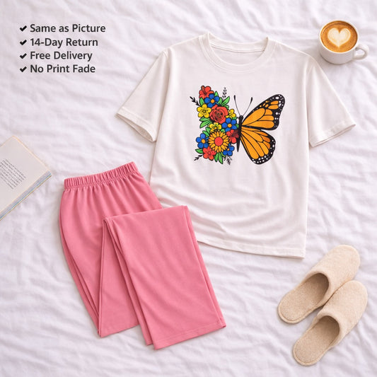 Butterfly White T-shirt and Pink Pajama Printed Night Suit – view 2