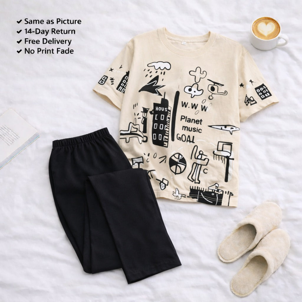 Brown Planet Printed Night Suit