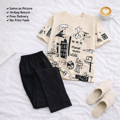 Brown Planet Printed Night Suit