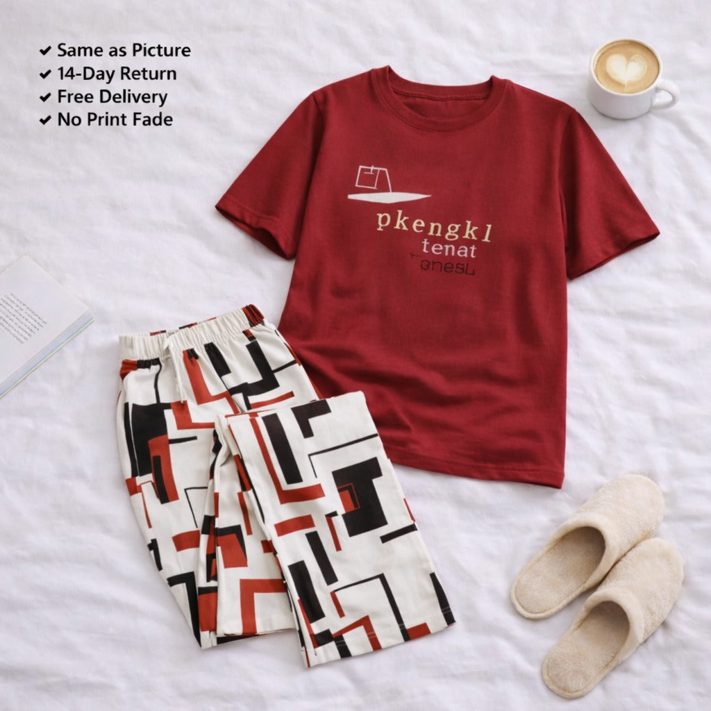 Red China Printed Night Suit