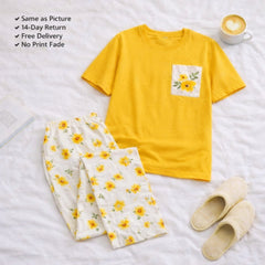 Yellow pocket Style Printed Night Suit
