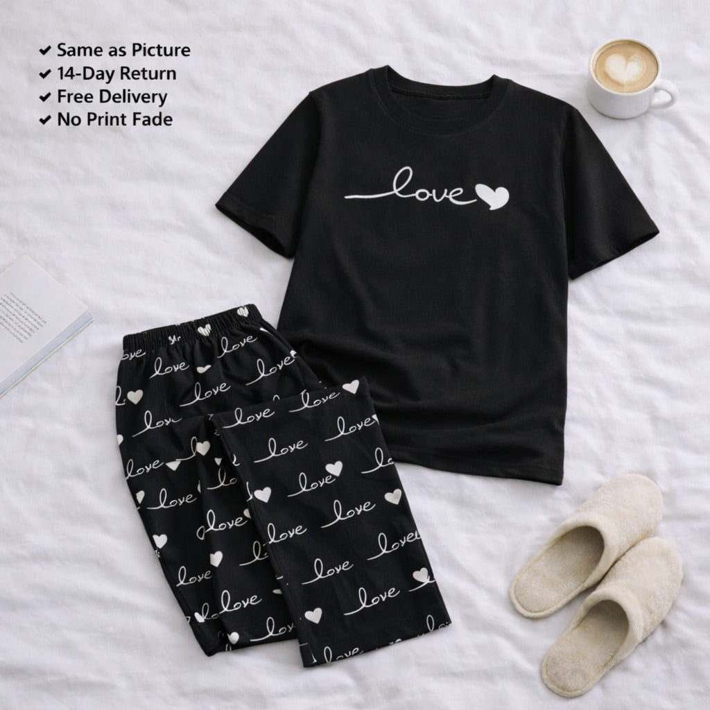 Black Love Printed Night Suit