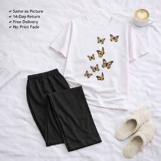 7 Butterflies White T-shirt and Black Pajama Printed Night Suit