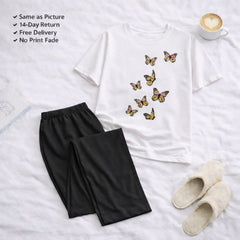 7 Butterflies White T-shirt and Black Pajama Printed Night Suit