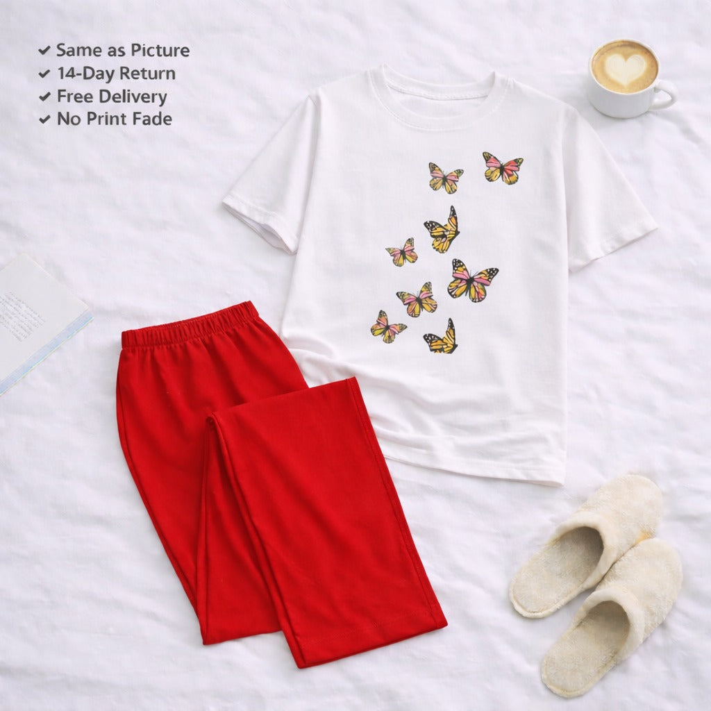 7 Butterflies White T-shirt and Red Pajama Printed Night Suit