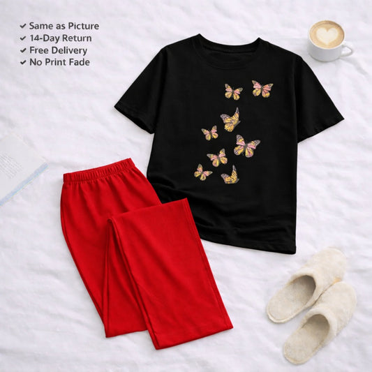 7 Butterflies Black T-shirt and Red Pajama Printed Night Suit