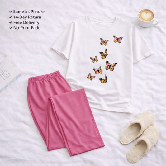 7 Butterflies  White T-shirt and Pink PAJAMA Printed Night Suit