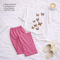 7 Butterflies  White T-shirt and Pink PAJAMA Printed Night Suit