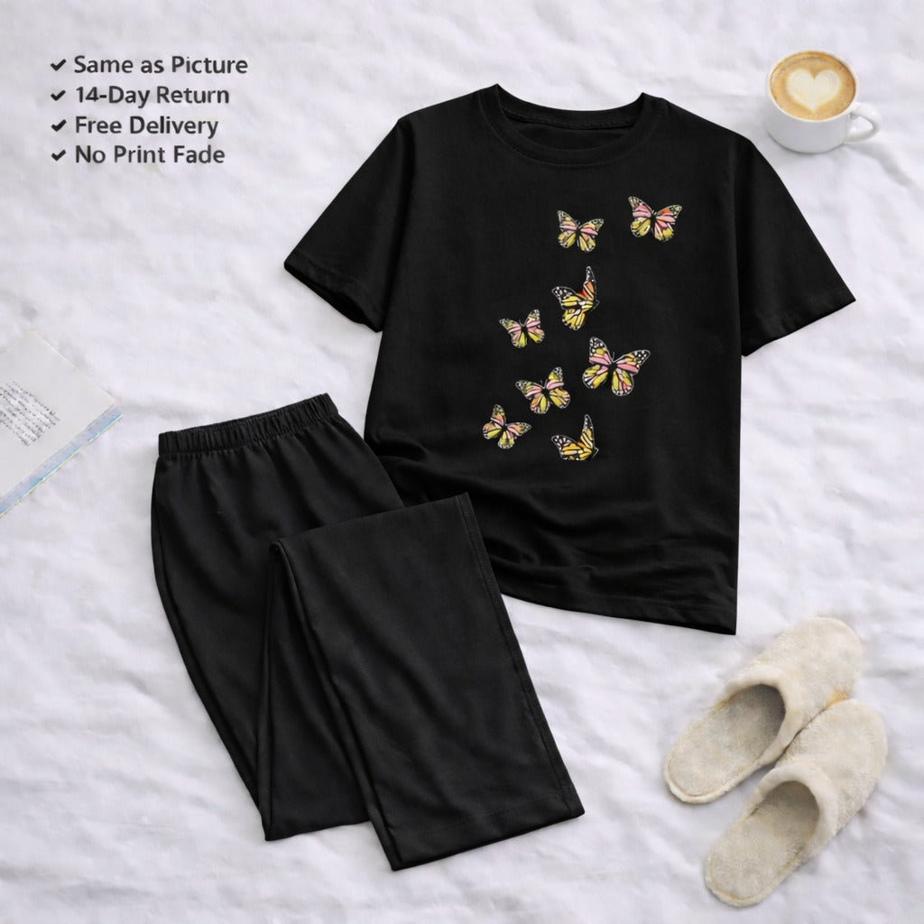 7 Butterflies Black T-shirt and Black Pajama Printed Night Suit