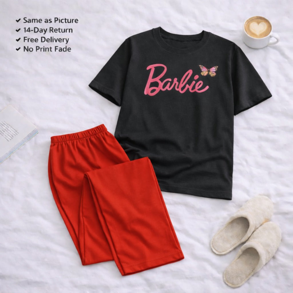 Barbie Black t-shirt and Red Pajama Printed Night Suit