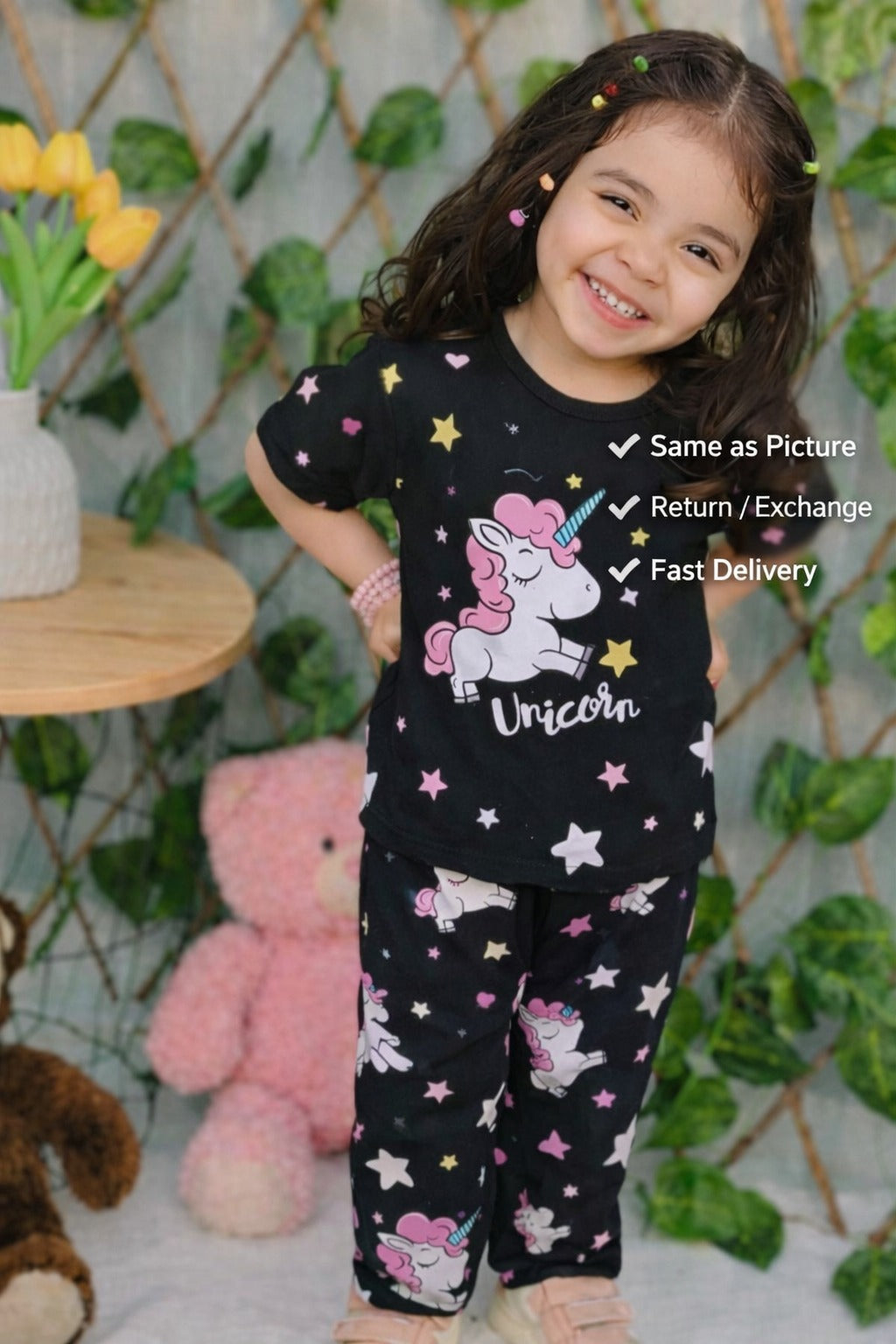 Black Unicorn Printed Kids Nightwear