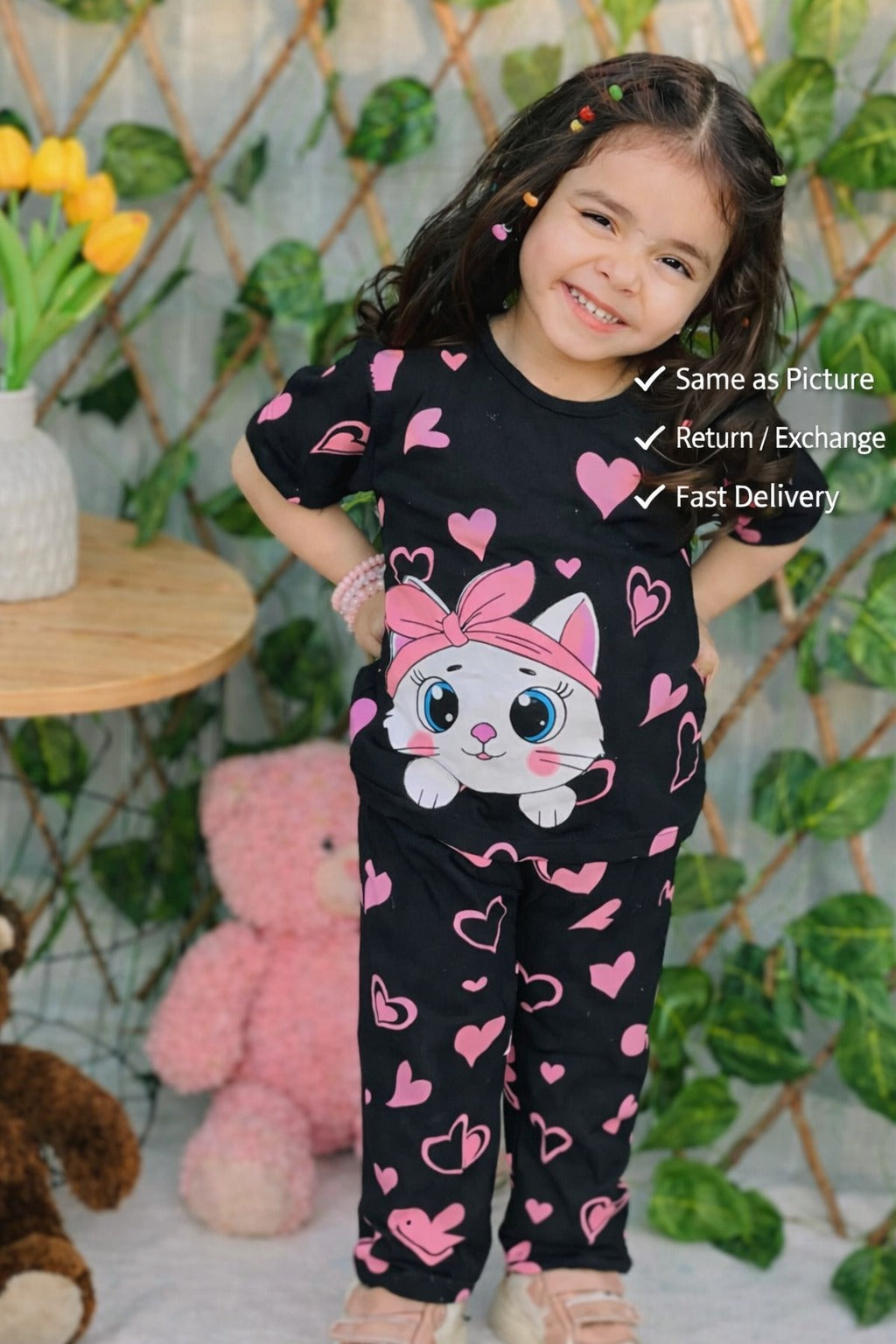 Cute Black Printed Kids Nightwear