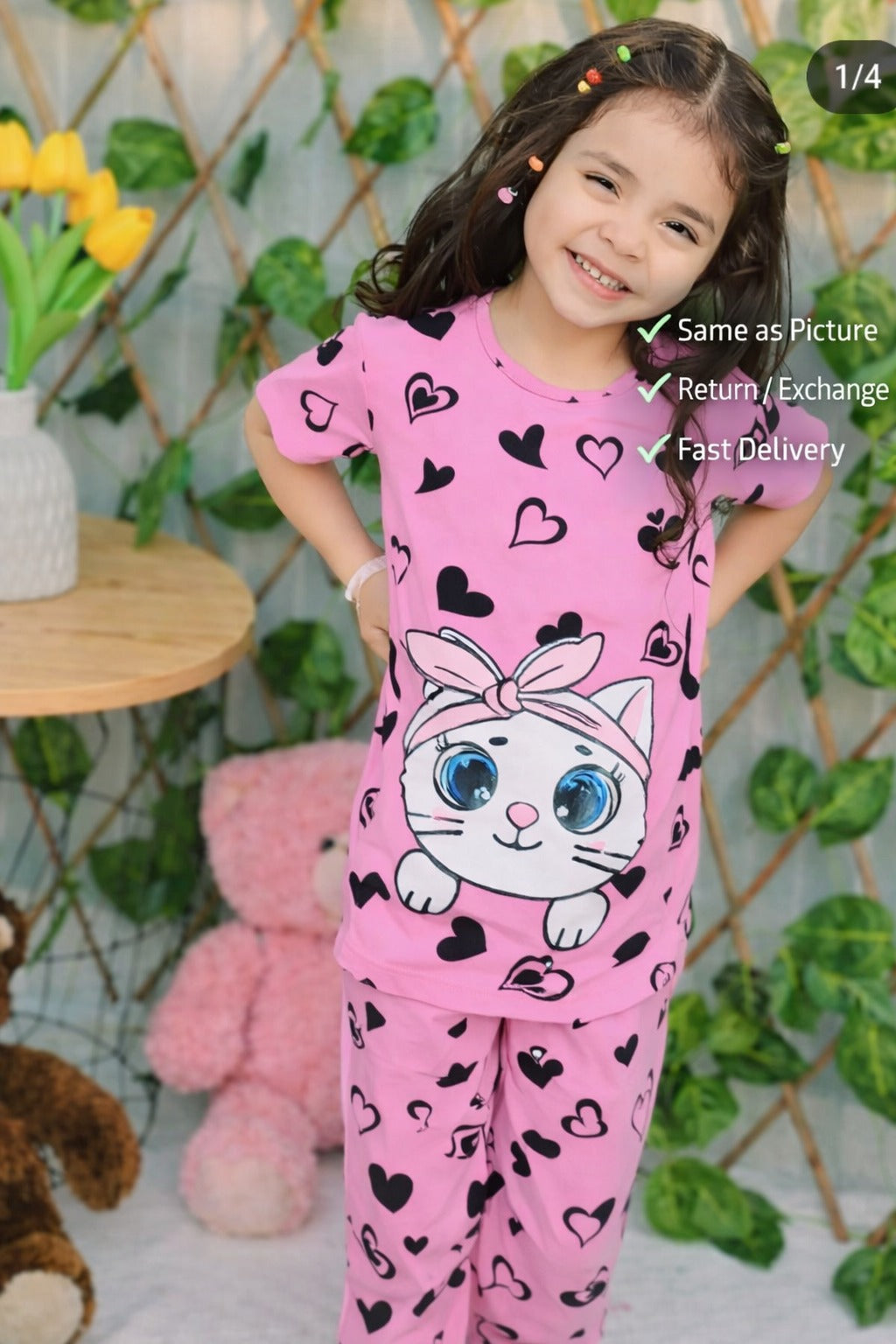 Pink Cute Printed Kids Nightwear