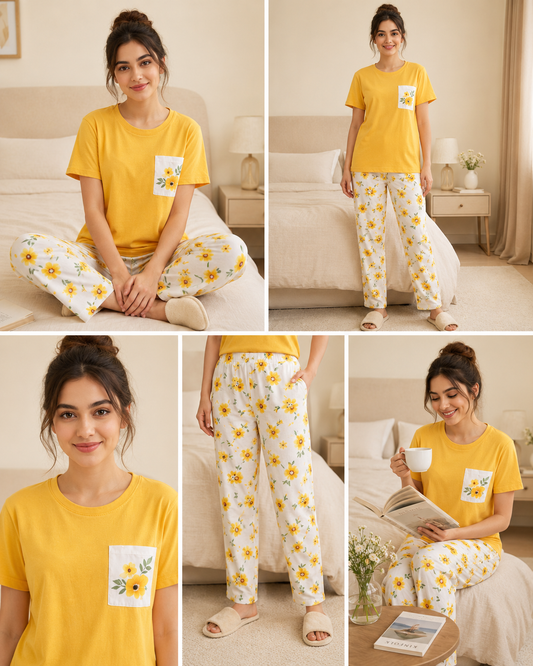 Yellow pocket Style Printed Night Suit