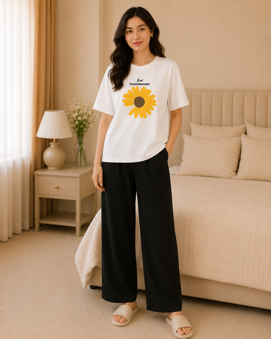 Yellow sunflower white and black night suit standing pose