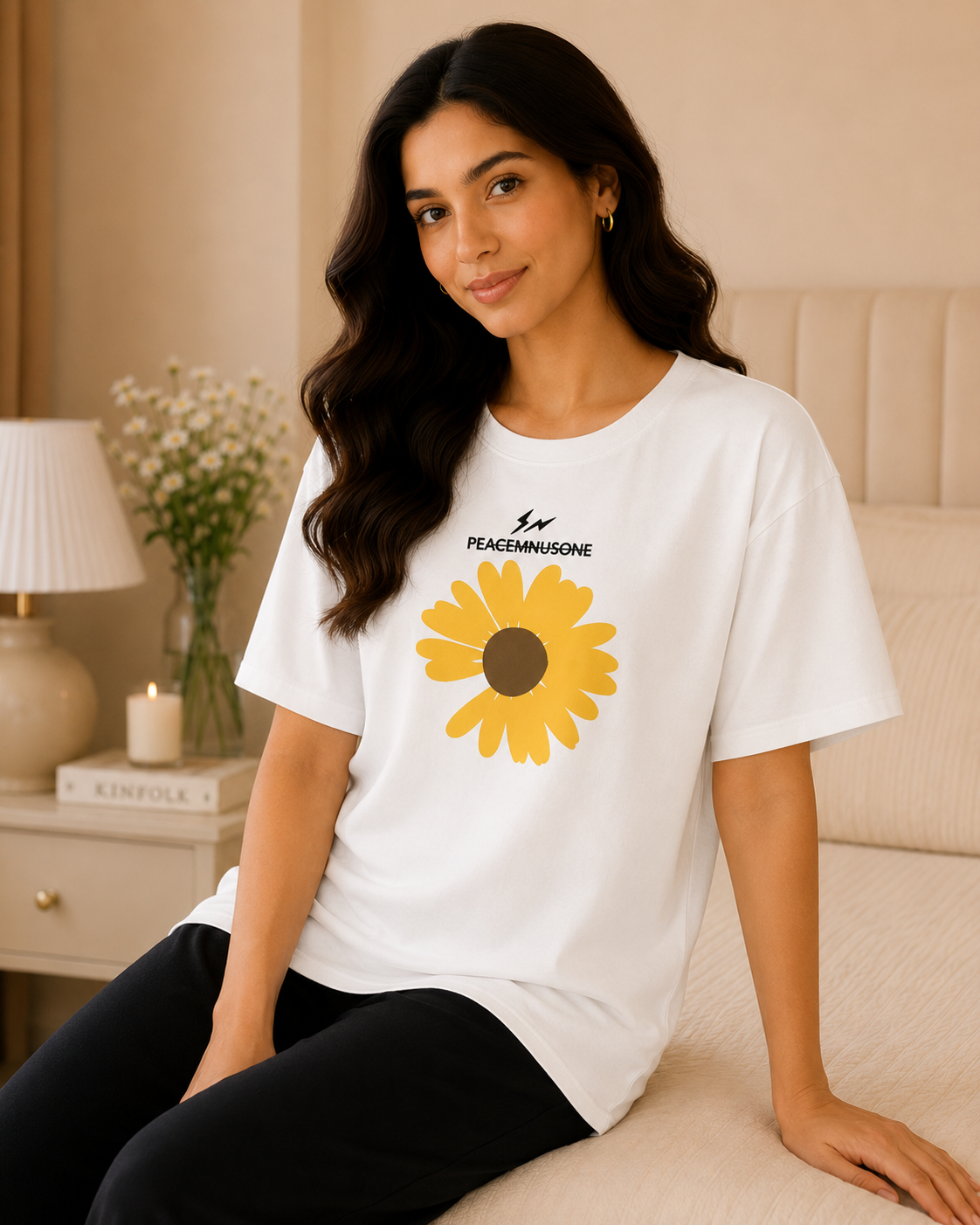 Yellow Sunflower Printed White T-shirt and Black Pajama Night Suit
